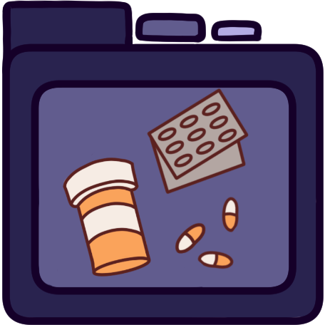  purple file folder with an orange pill bottle, a pill packet, and some capsule medication on it.